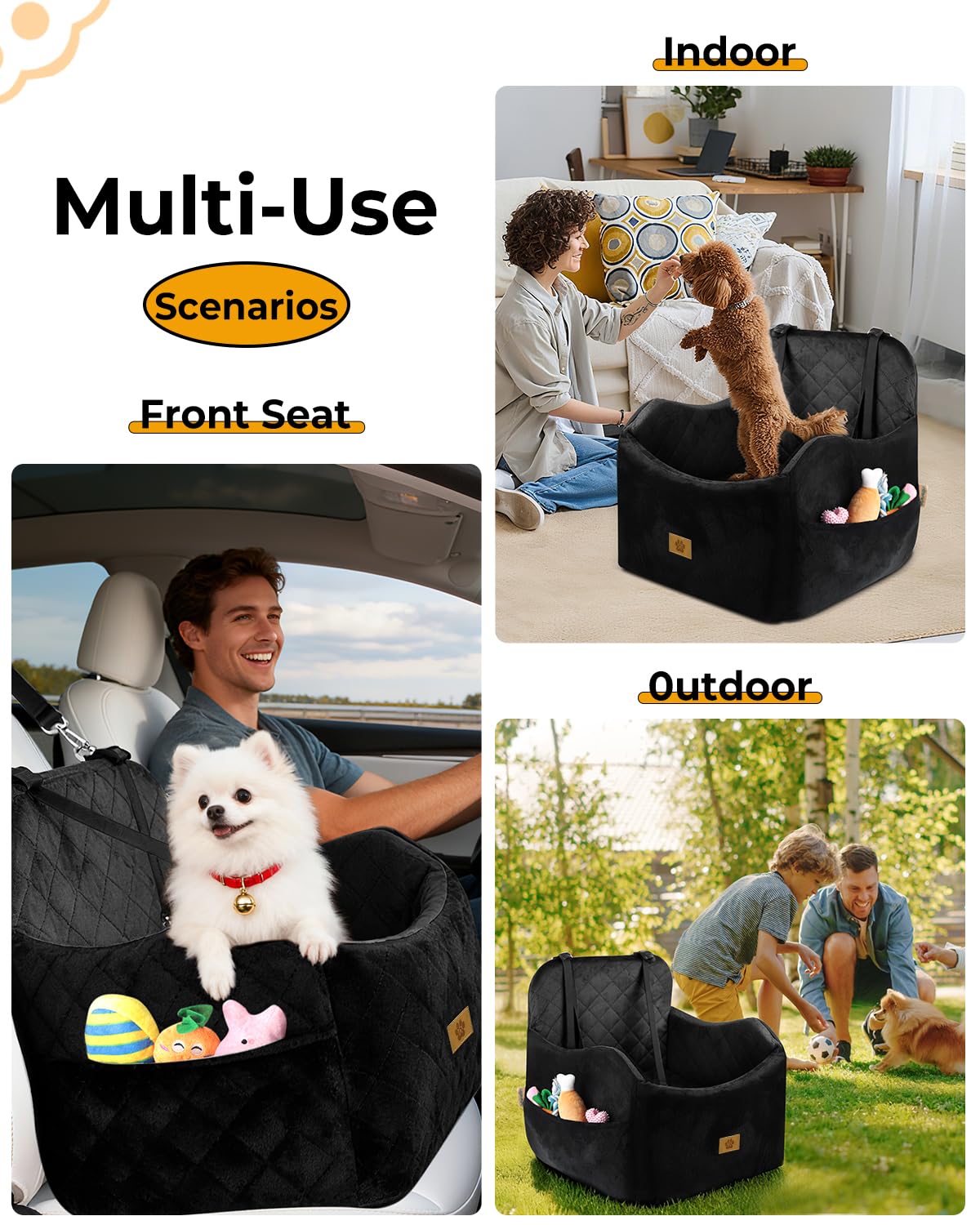 Ishineon booster seat includes large storage pockets for toys and treats.