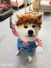 ISMARTEN Deadly Doll Costume wig attachment enhances playful dog cosplay.