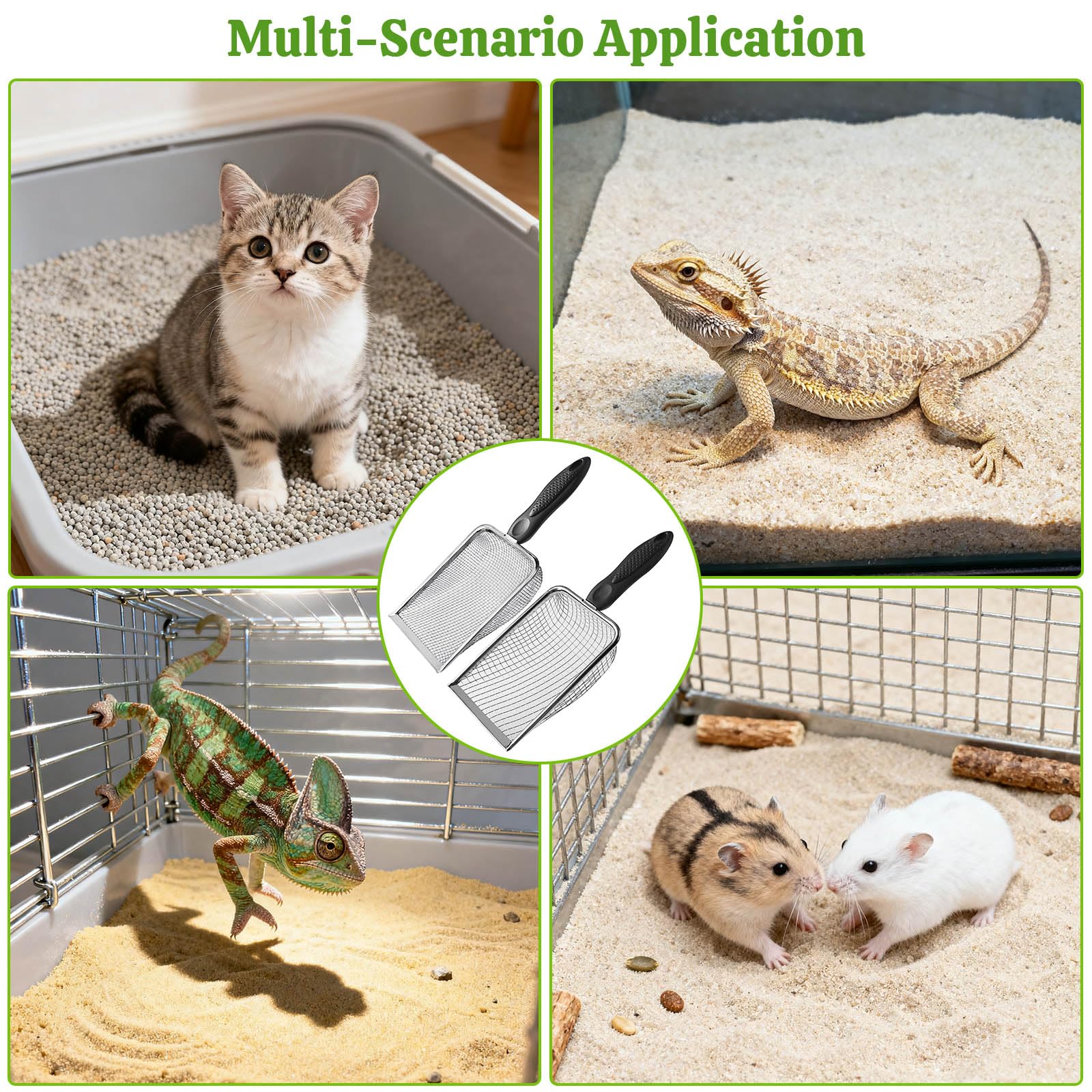 ISYOKE cat litter scoop metal mesh 2pcs — storage-ready with hooks.