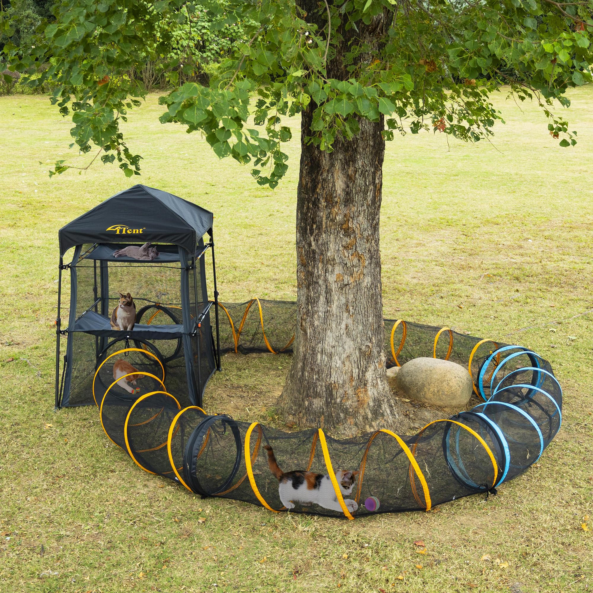 ITENT cat play tunnel with dual zippers connects to a cat tent for expanded play.