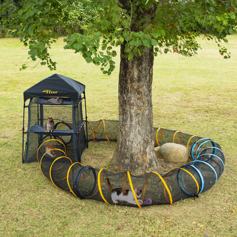 ITENT cat play tunnel with dual zippers connects to a cat tent for expanded play.