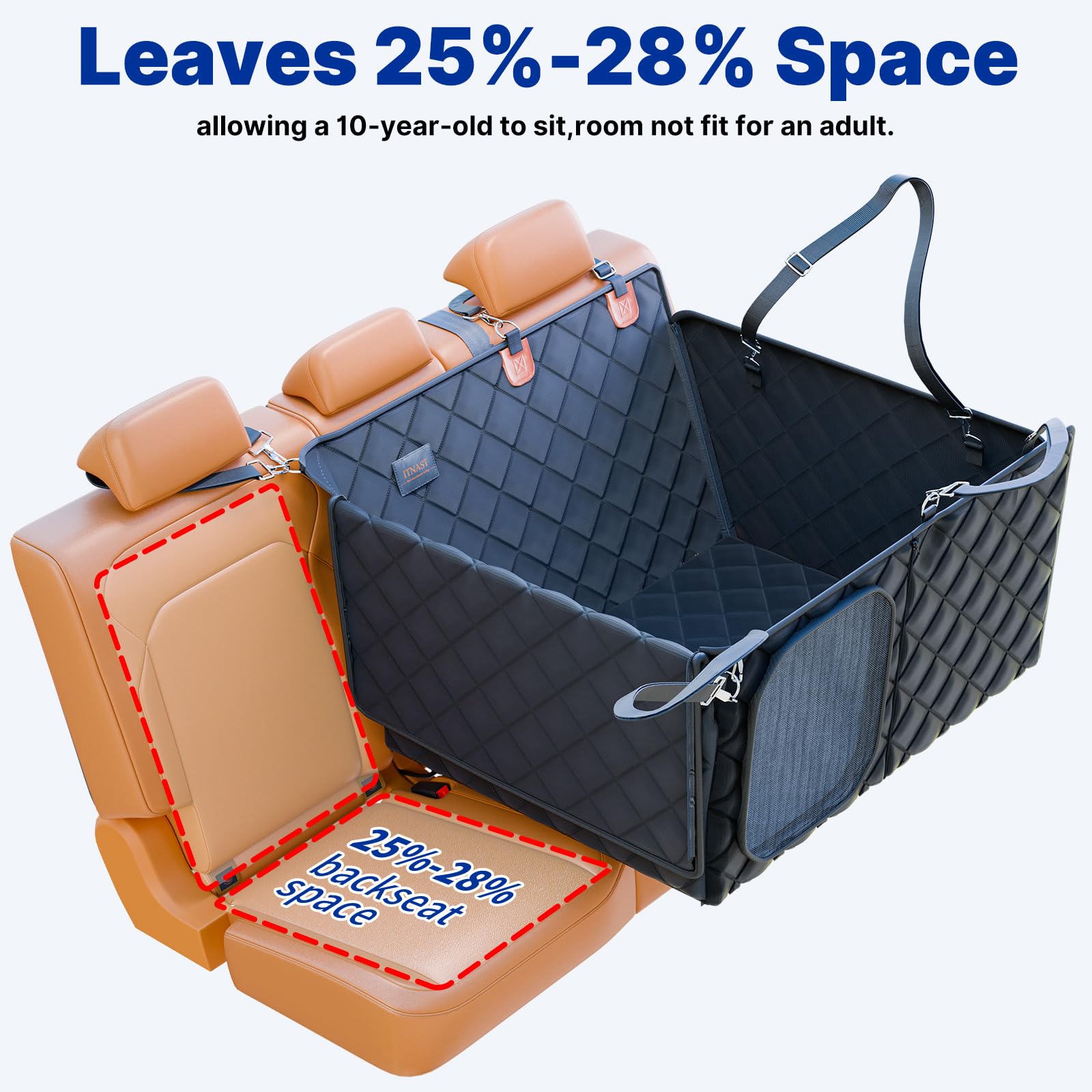 ITNAST easy-install back seat extender attaches quickly to headrest area.