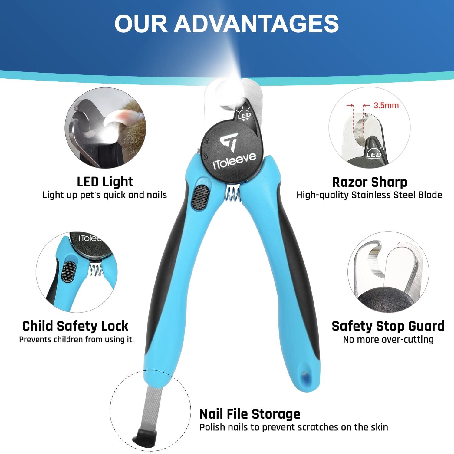 iToleeve LED dog nail clipper works for cats and dogs during grooming.