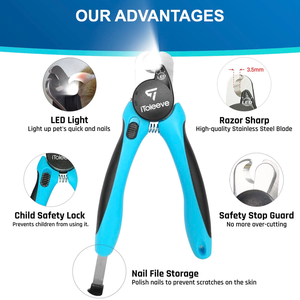 iToleeve LED dog nail clipper works for cats and dogs during grooming.
