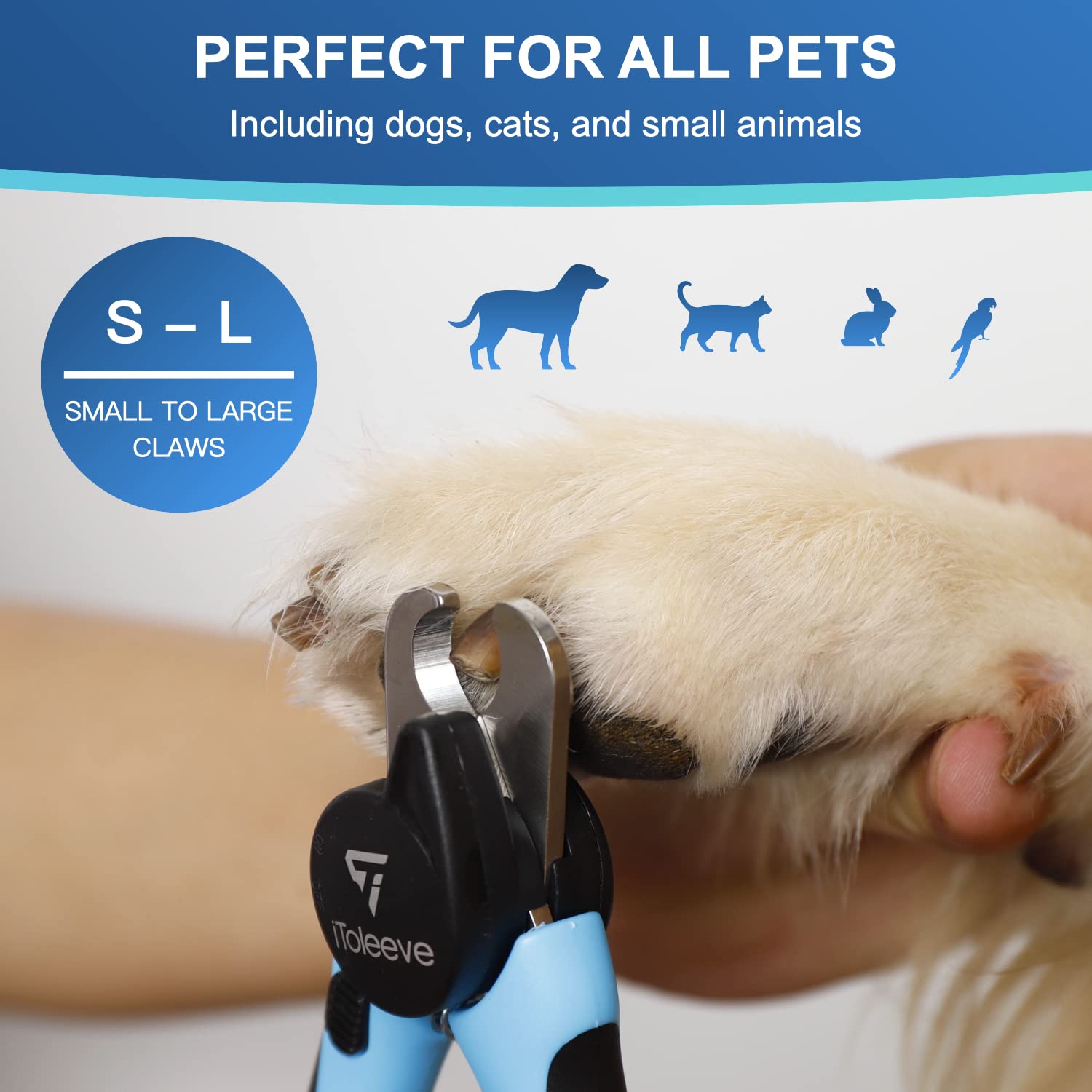 iToleeve LED dog nail clipper includes integrated nail file for finishing edges.