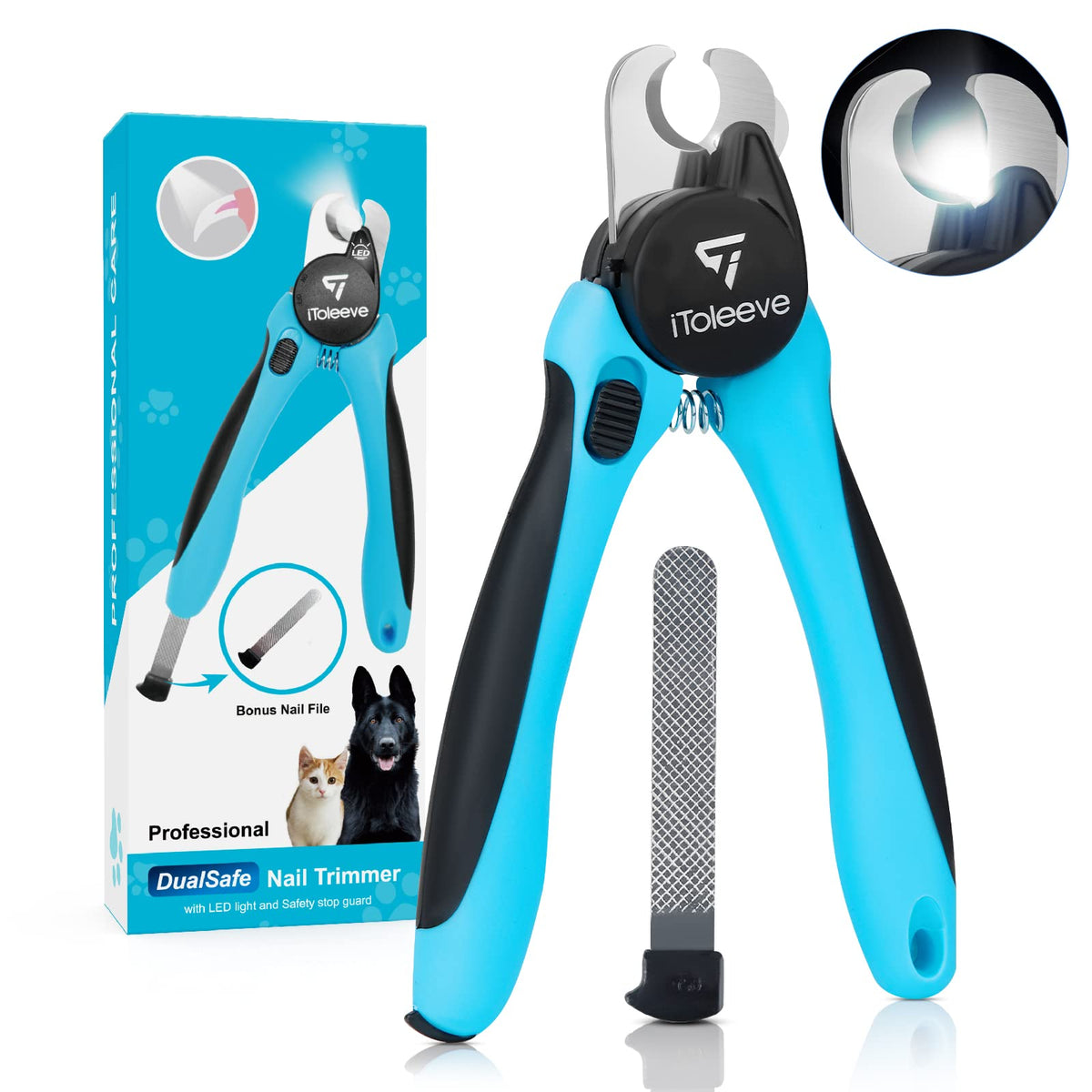 iToleeve LED dog nail clipper with light highlights nails for precise trimming.