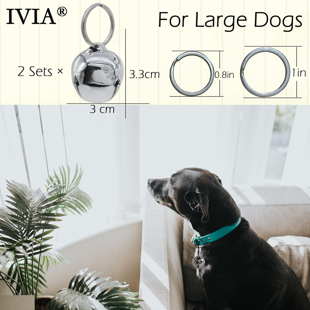 IVIA PET large dog bells on collar detail shows easy attachment and durable metal.
