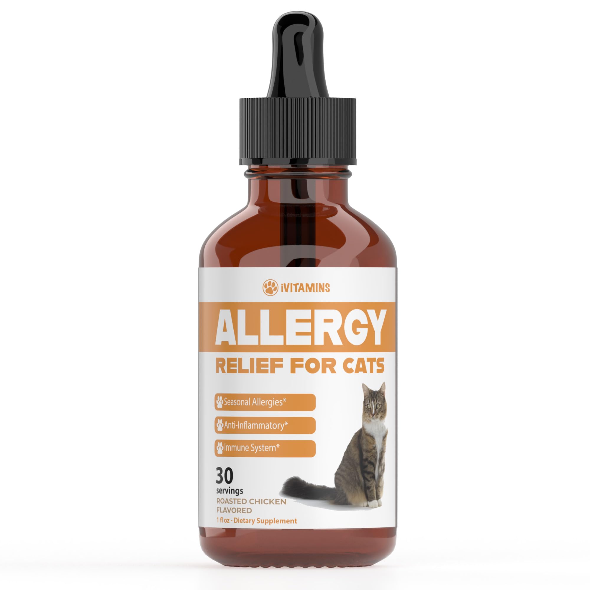 iVitamins Allergy Relief for Cats bottle with dropper for easy dosing and support