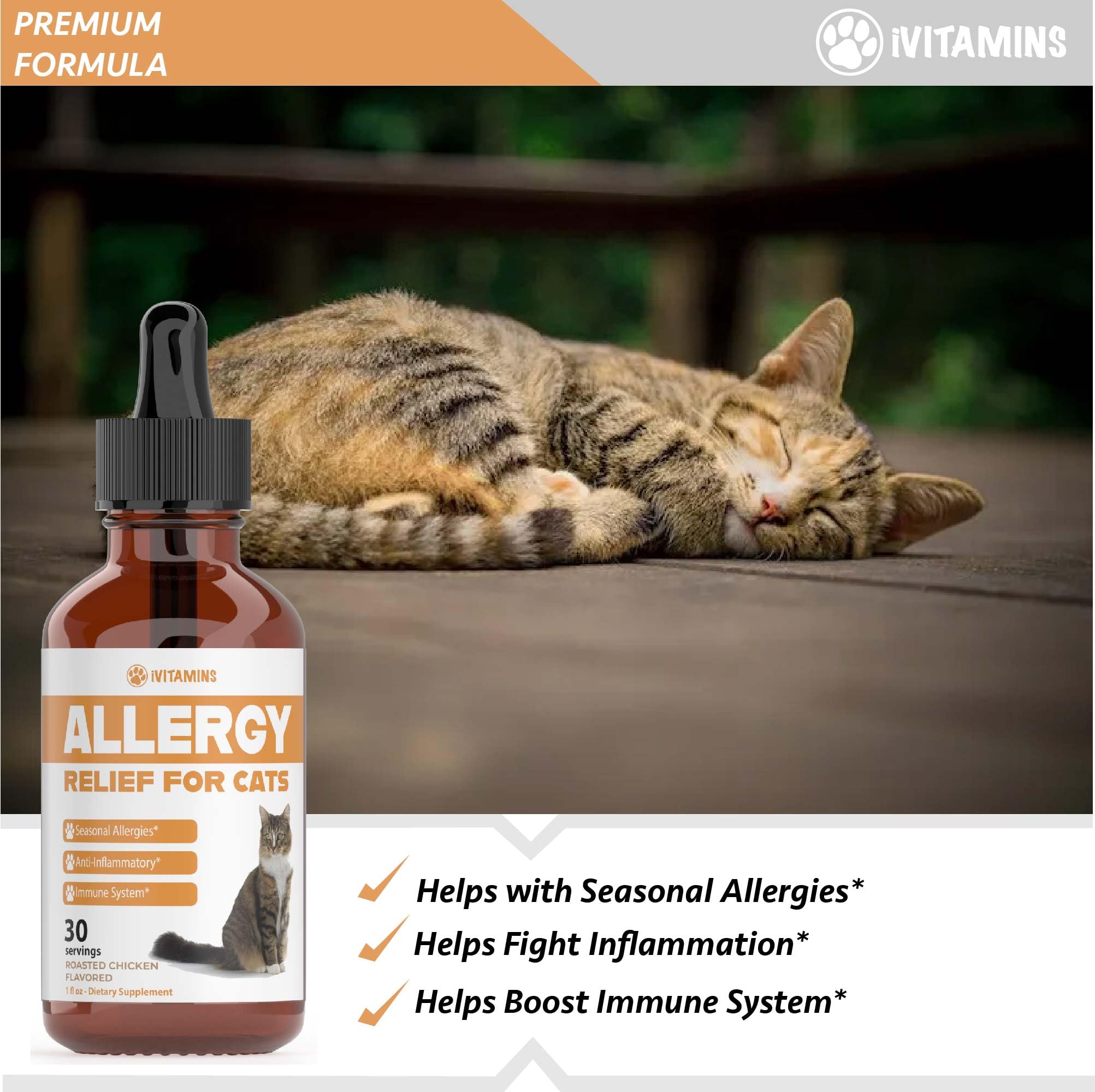 iVitamins Allergy Relief for Cats chicken-flavor tincture shown, appealing taste that cats may enjoy