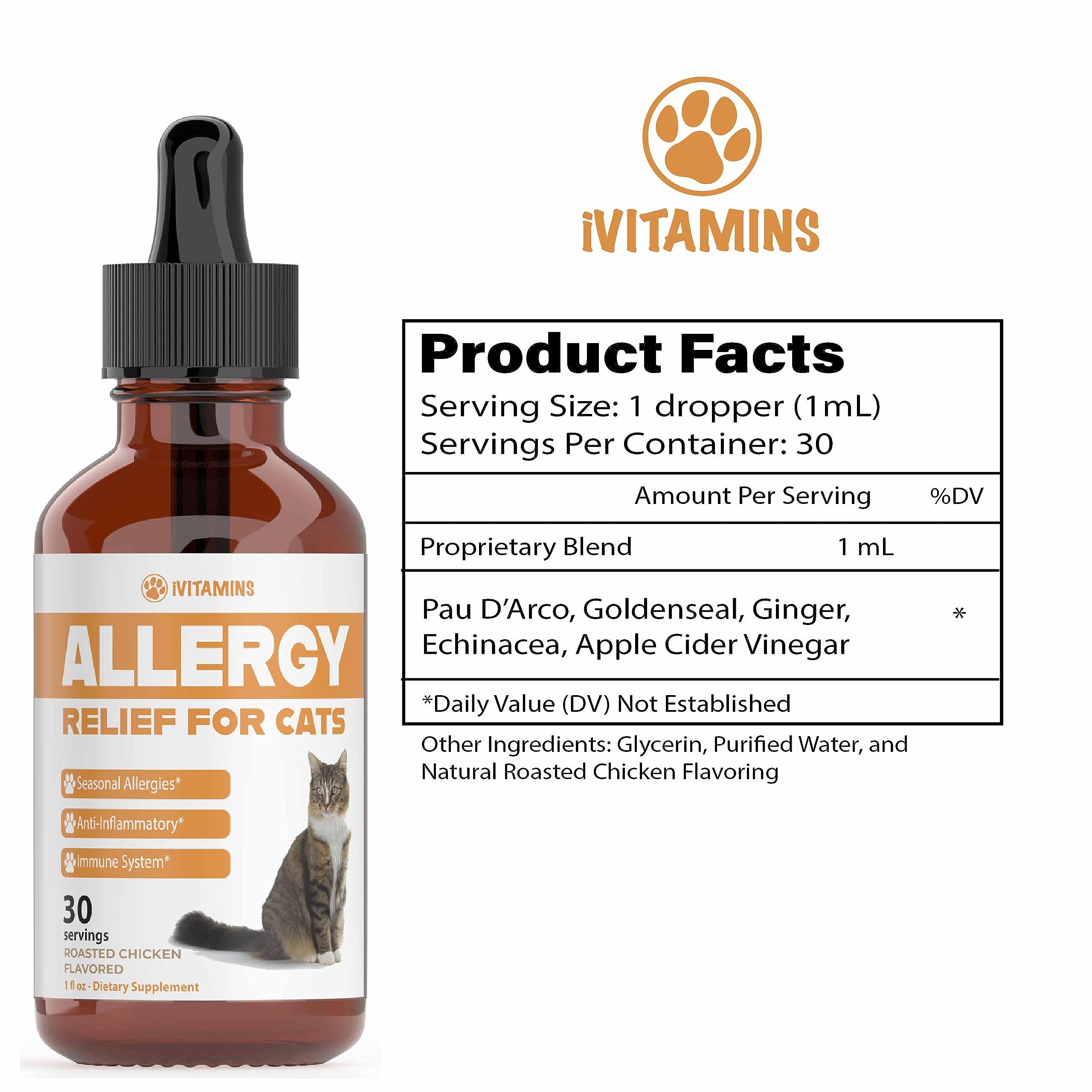 iVitamins Allergy Relief for Cats dropper image demonstrates precise dosing for immune support