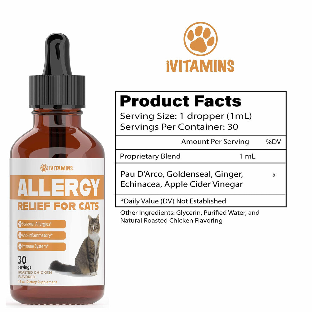 iVitamins Allergy Relief for Cats dropper image demonstrates precise dosing for immune support