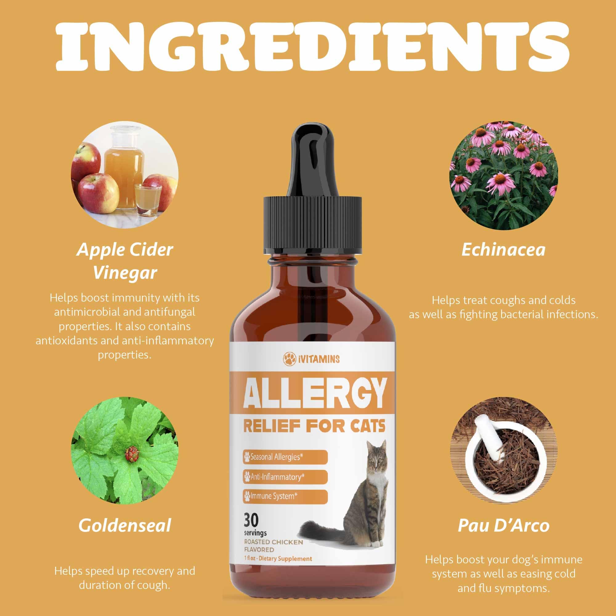 iVitamins Allergy Relief for Cats closeup of label, signaling quality ingredients and cruelty-free promise