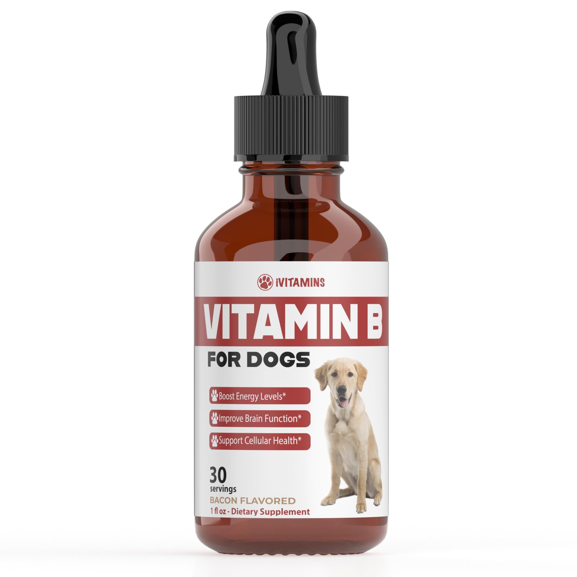 iVitamins Vitamin B for Dogs bacon-flavor bottle highlights tasty, easy-to-administer energy support