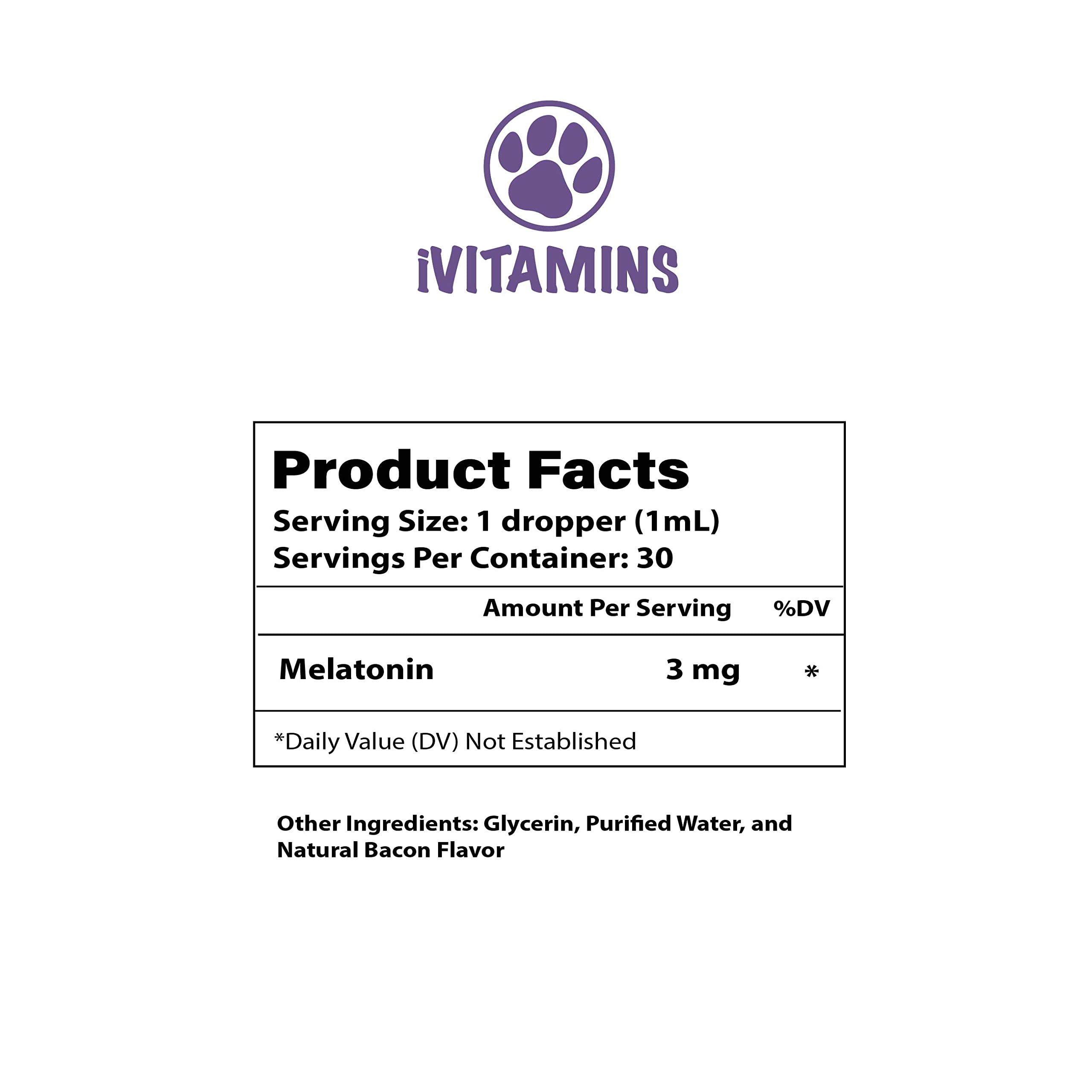 iVitamins Melatonin for Dogs bacon flavor drops delivering tasty calming support.
