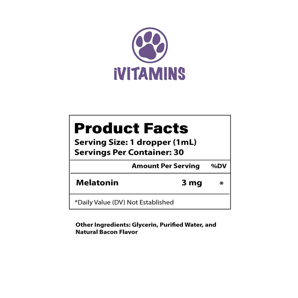 iVitamins Melatonin for Dogs bacon flavor drops delivering tasty calming support.