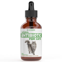 iVitamins Natural Antibiotics for Cats bottle pour shows easy dosing for daily immune support.
