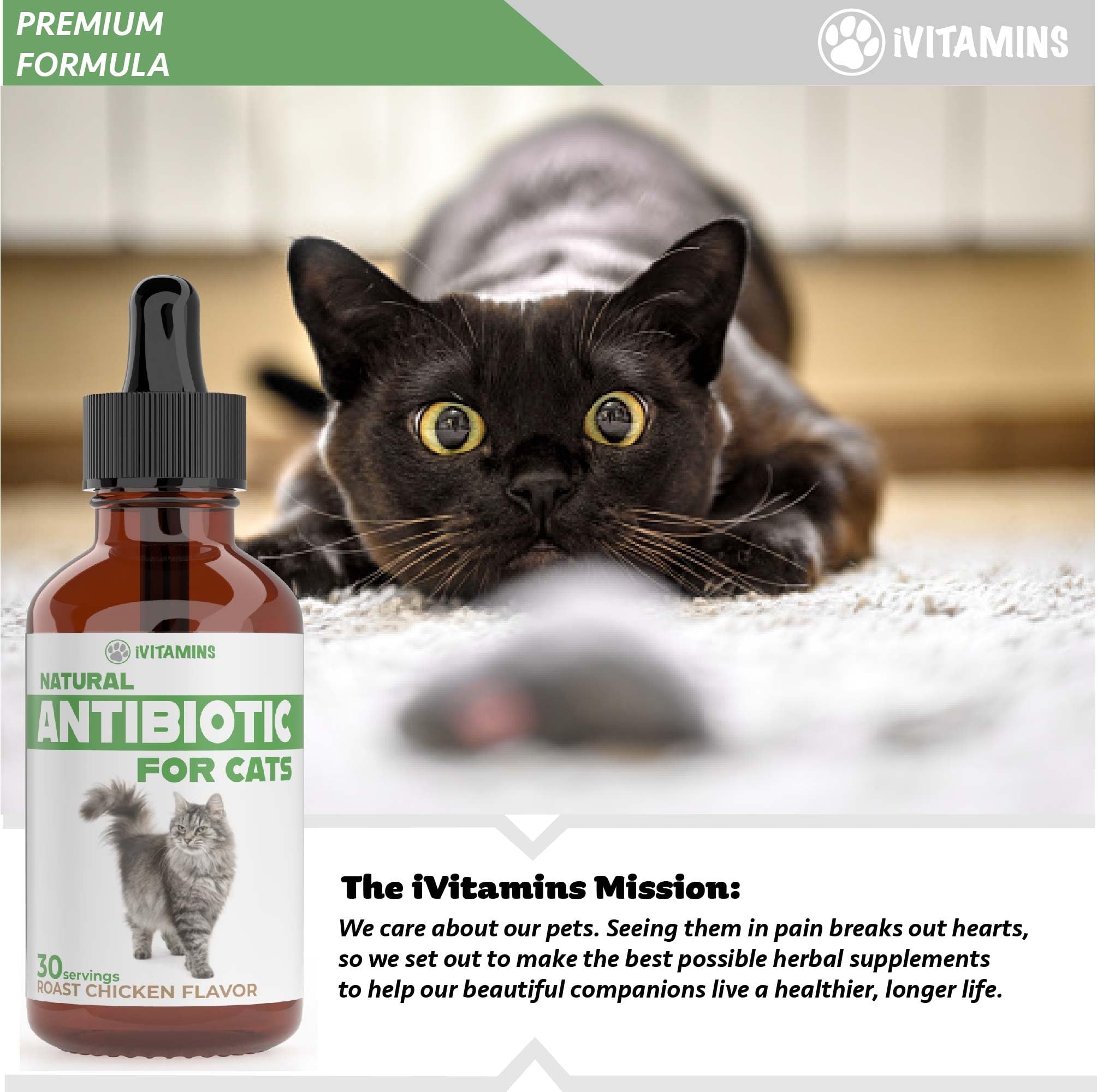 iVitamins Natural Antibiotics for Cats cruelty-free label signals ethical sourcing and safe care.