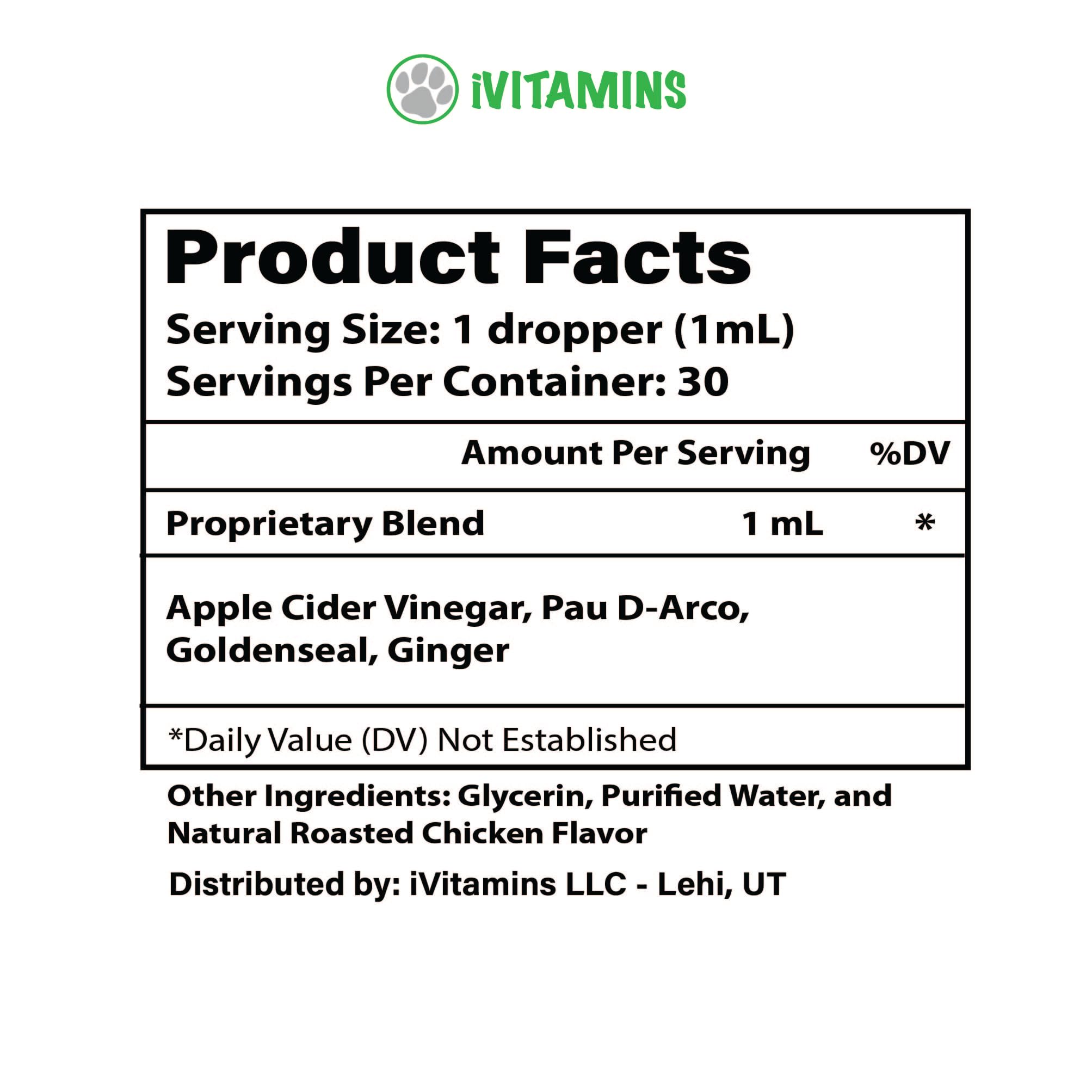 iVitamins Natural Antibiotics for Cats dropper-dispense highlights liquid form for quick absorption.