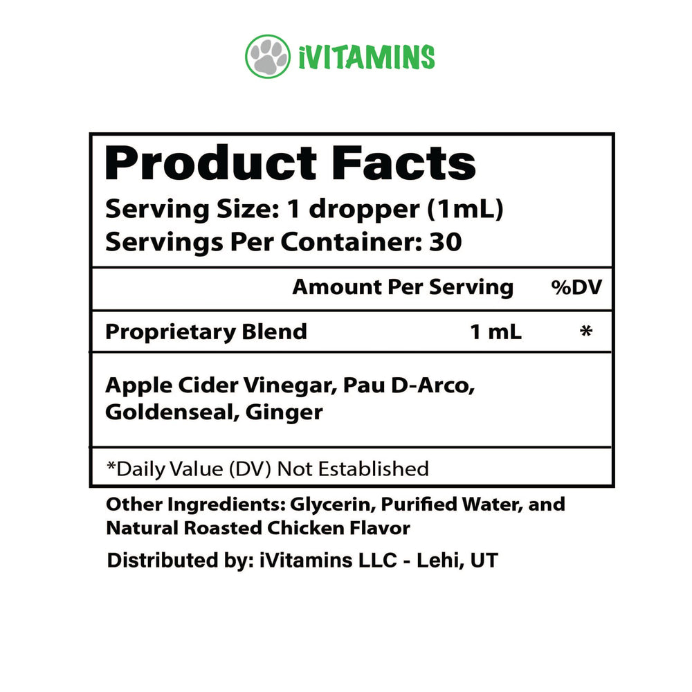 iVitamins Natural Antibiotics for Cats dropper-dispense highlights liquid form for quick absorption.