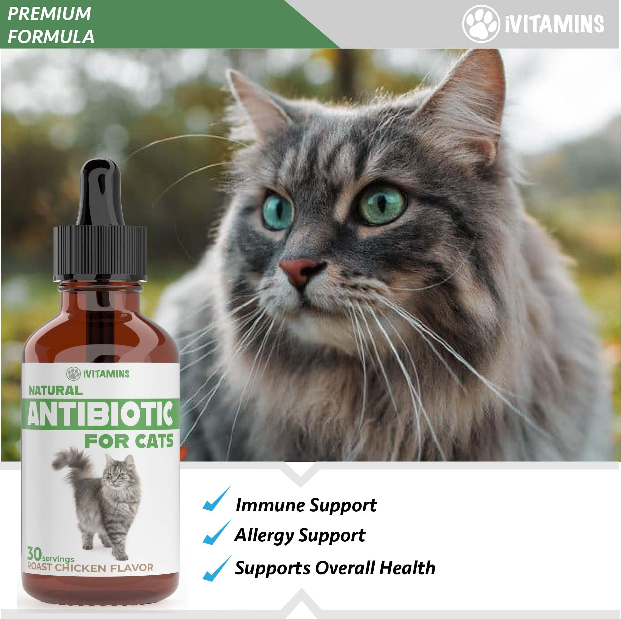 iVitamins Natural Antibiotics for Cats liquid-form bottle emphasize organic, non-GMO ingredients and gentle relief.
