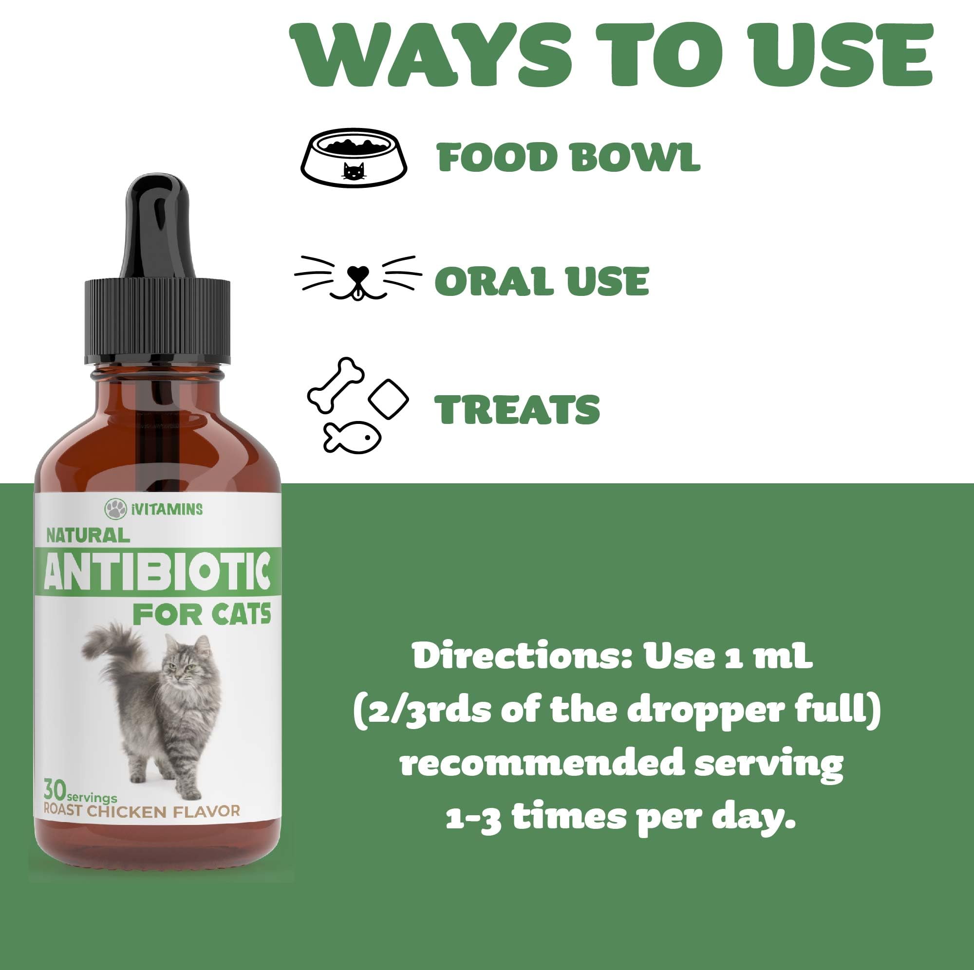 iVitamins Natural Antibiotics for Cats usage-scene conveys at-home care and allergy-friendly potential.