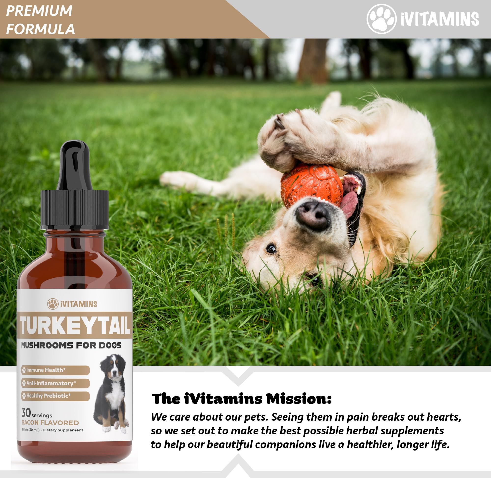 iVitamins Turkey Tail for Dogs cruelty-free packaging and ethics claim.
