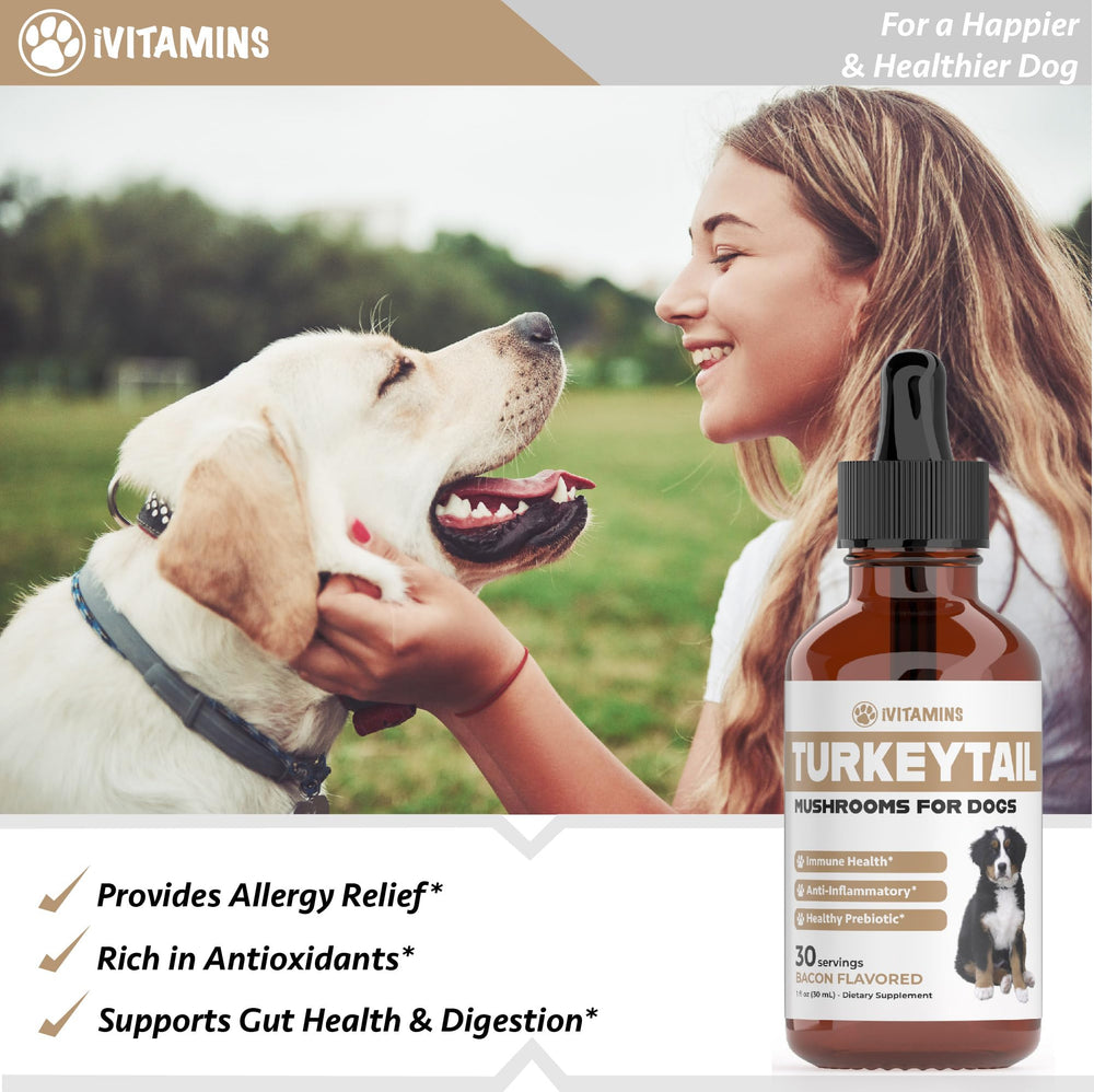 iVitamins Turkey Tail for Dogs tincture label highlights ingredients.