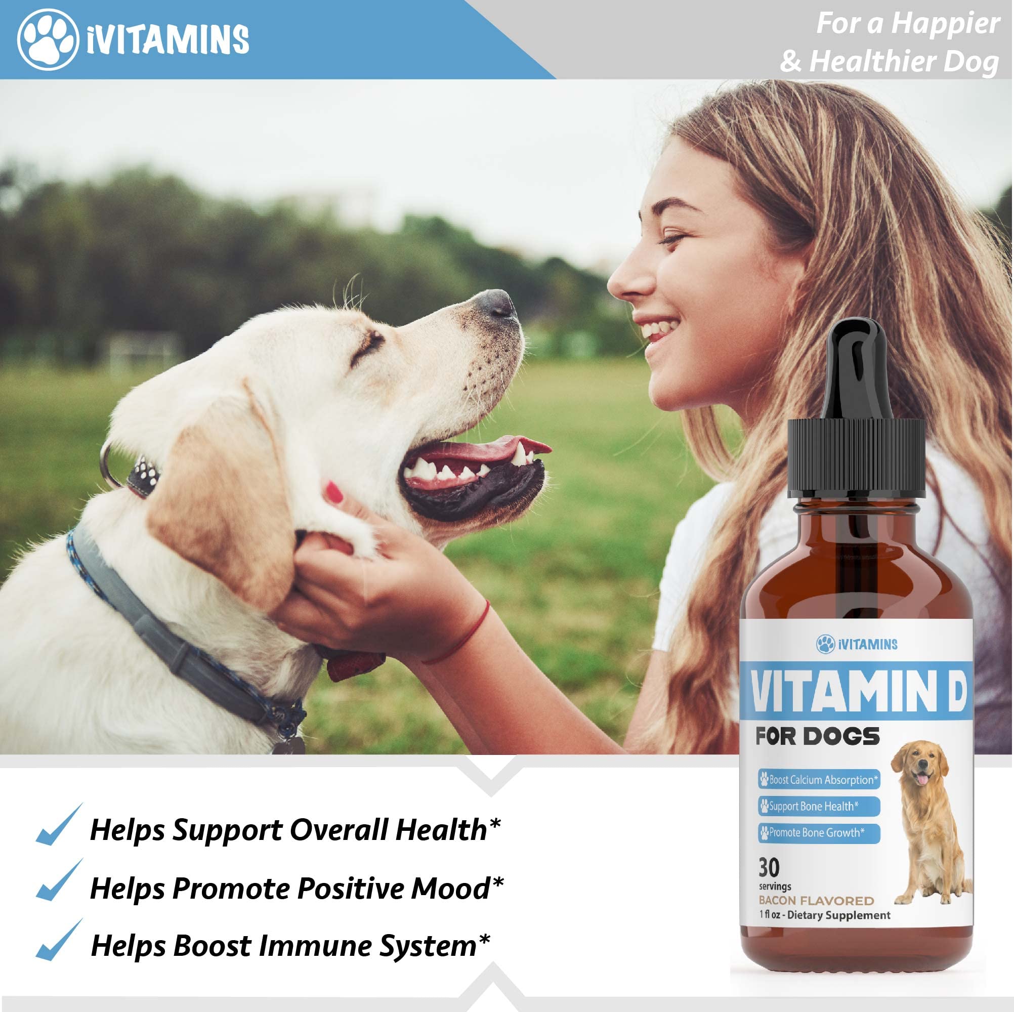 iVitamins Vitamin D for Dogs bacon-flavor entices dogs during meals.