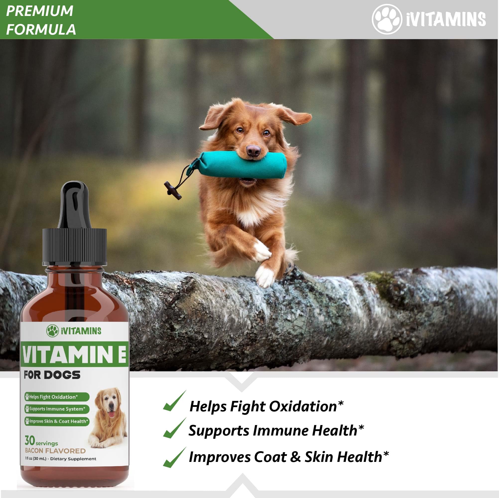 iVitamins Vitamin E for Dogs bacon-flavored drops support daily wellness