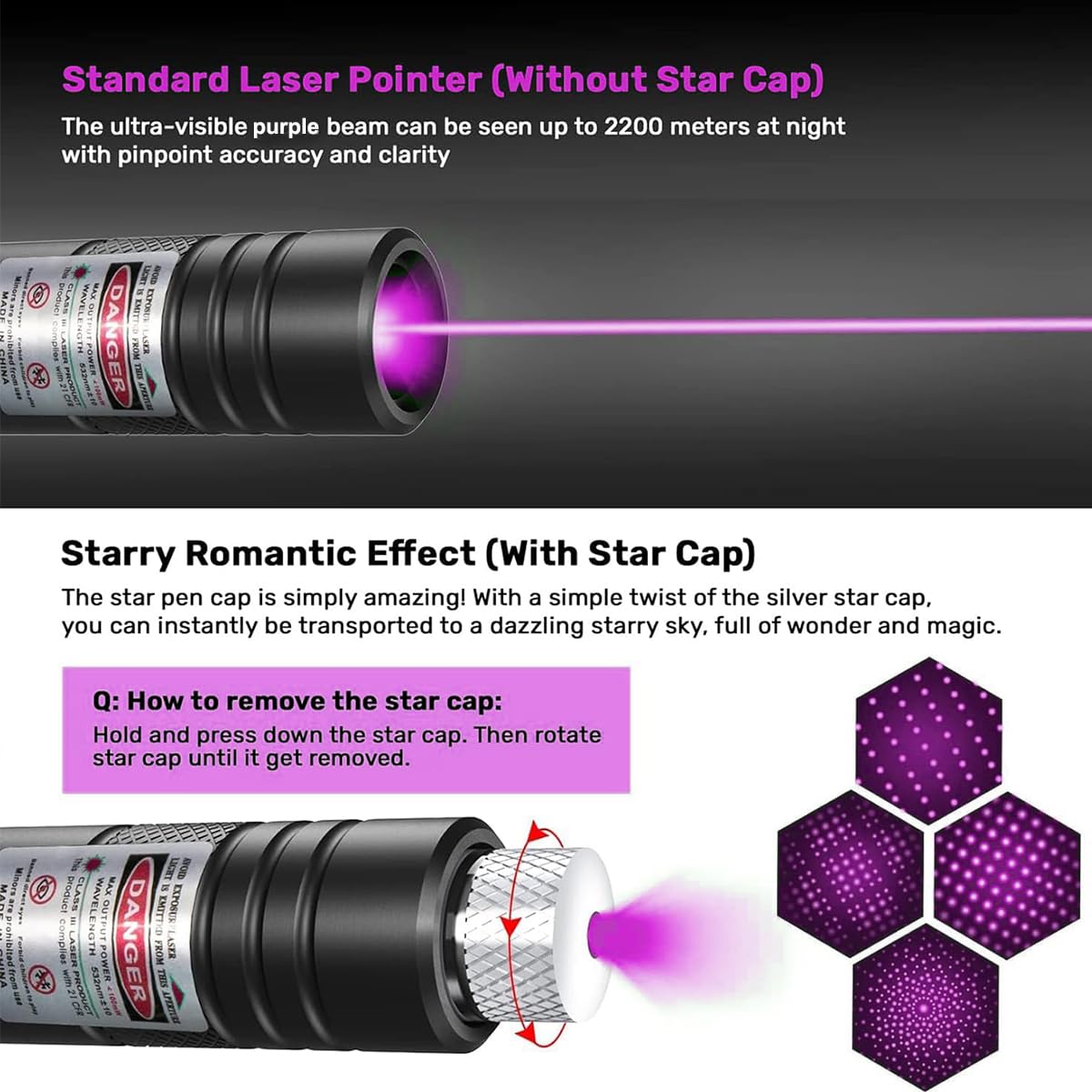 IVVTRYI Purple Laser Pen USB charging back cover shows cordless convenience.