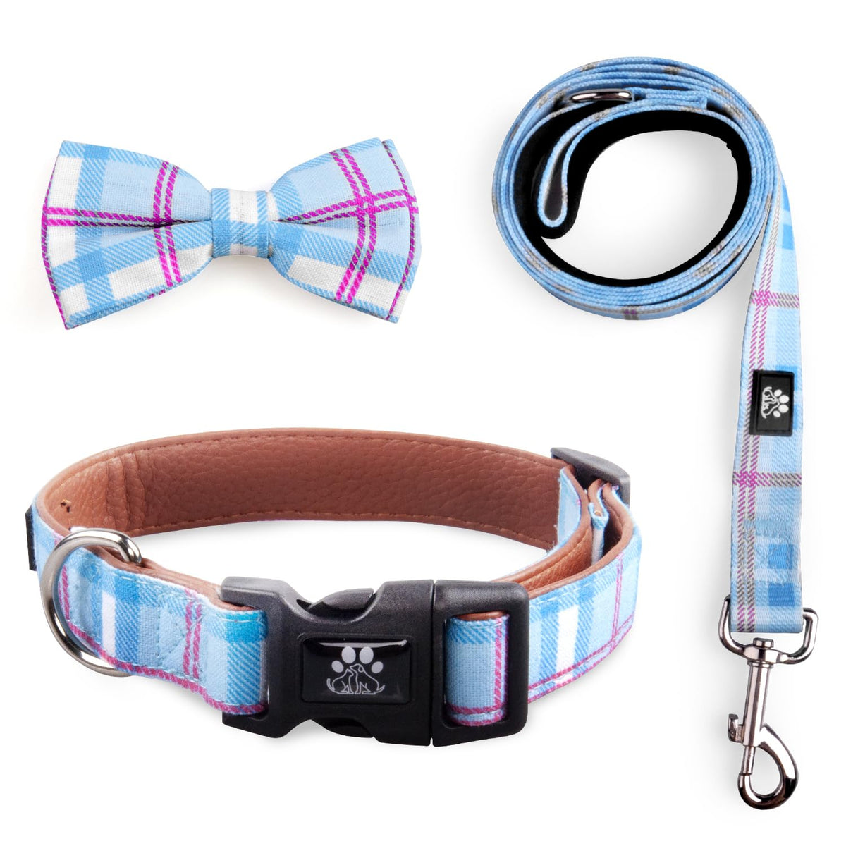 IVY&LANE 3Pcs dog bowtie collar set in checkered blue showing adjustable, comfortable fit.