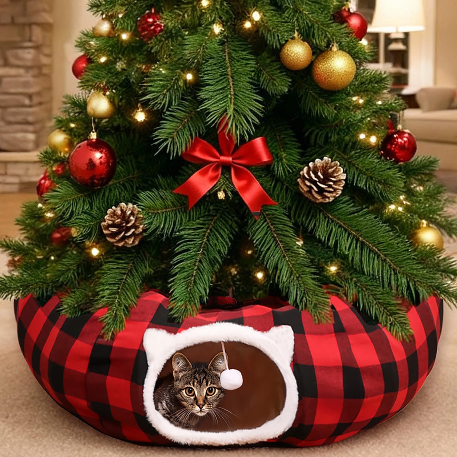 IVYALIST cat tunnel Christmas tree skirt buffalo plaid invites festive playtime and cozy nesting