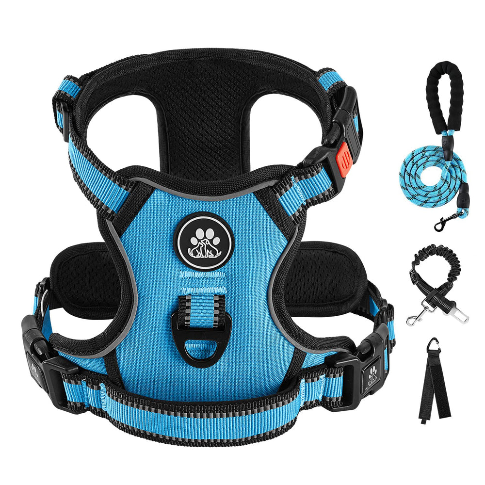 IVY&LANE No Pull Harness blue front view, easy neck-side on/off for gentle fitting.