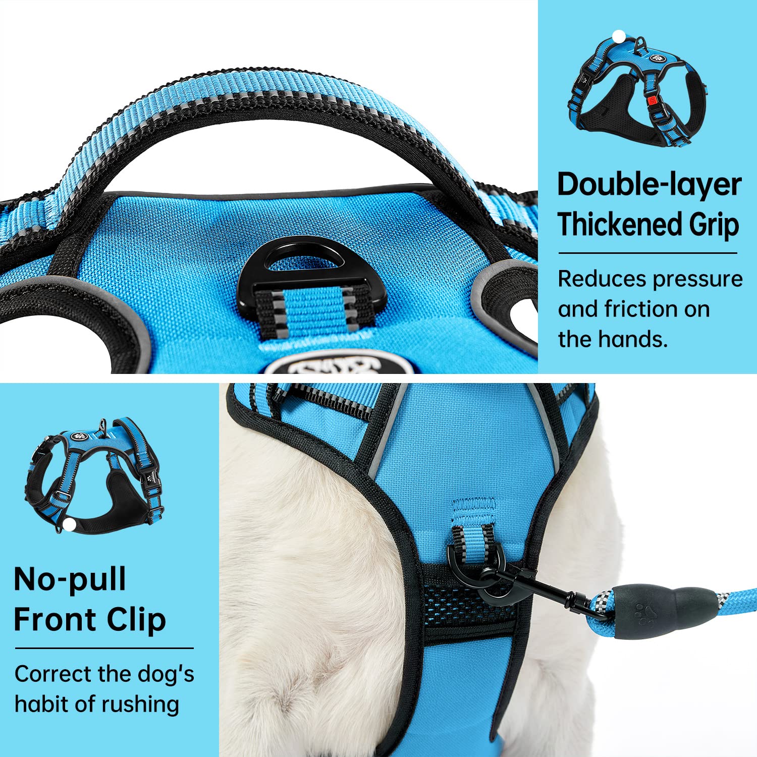 IVY&LANE No Pull Harness blue soft handle, gentle grip for easier leash control.