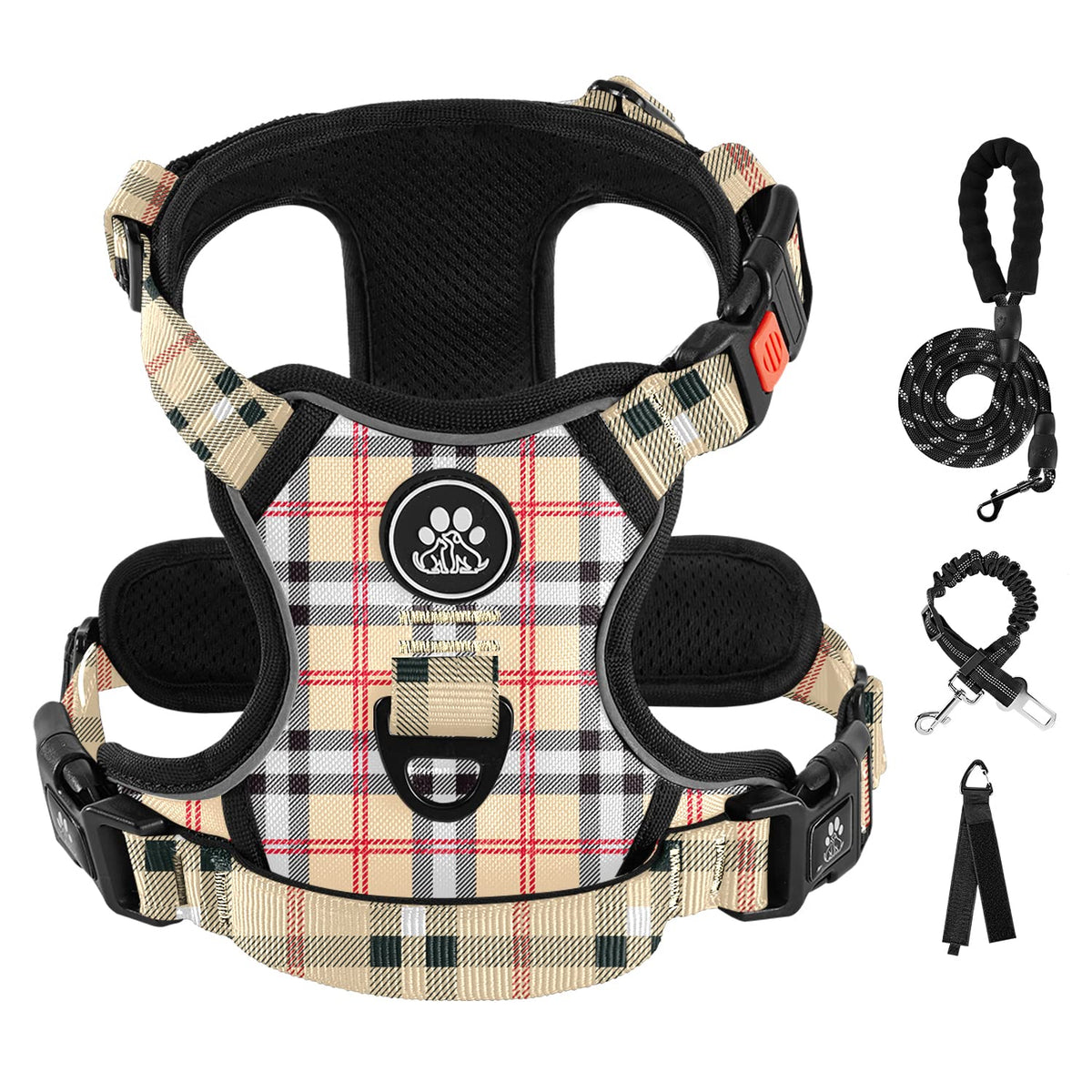 IVY&LANE No Pull Harness front view in checkered beige improves secure fit for medium dogs.