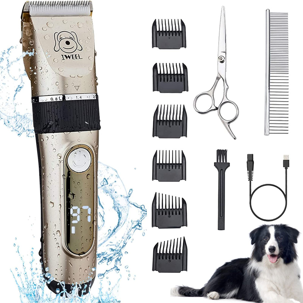 IWEEL dog clippers product shot showing professional home grooming setup