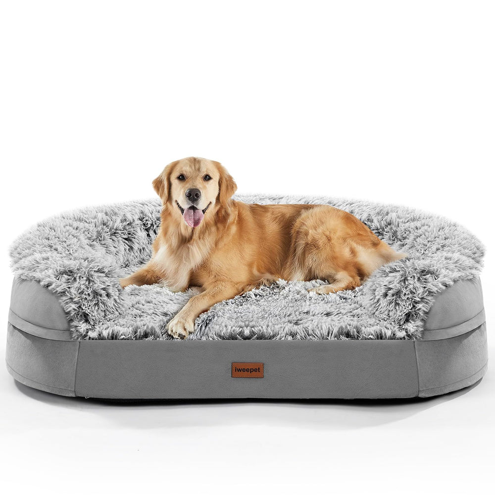 Iweepet orthopedic half-round bed closeup shows secure wrap-around comfort for anxious dogs