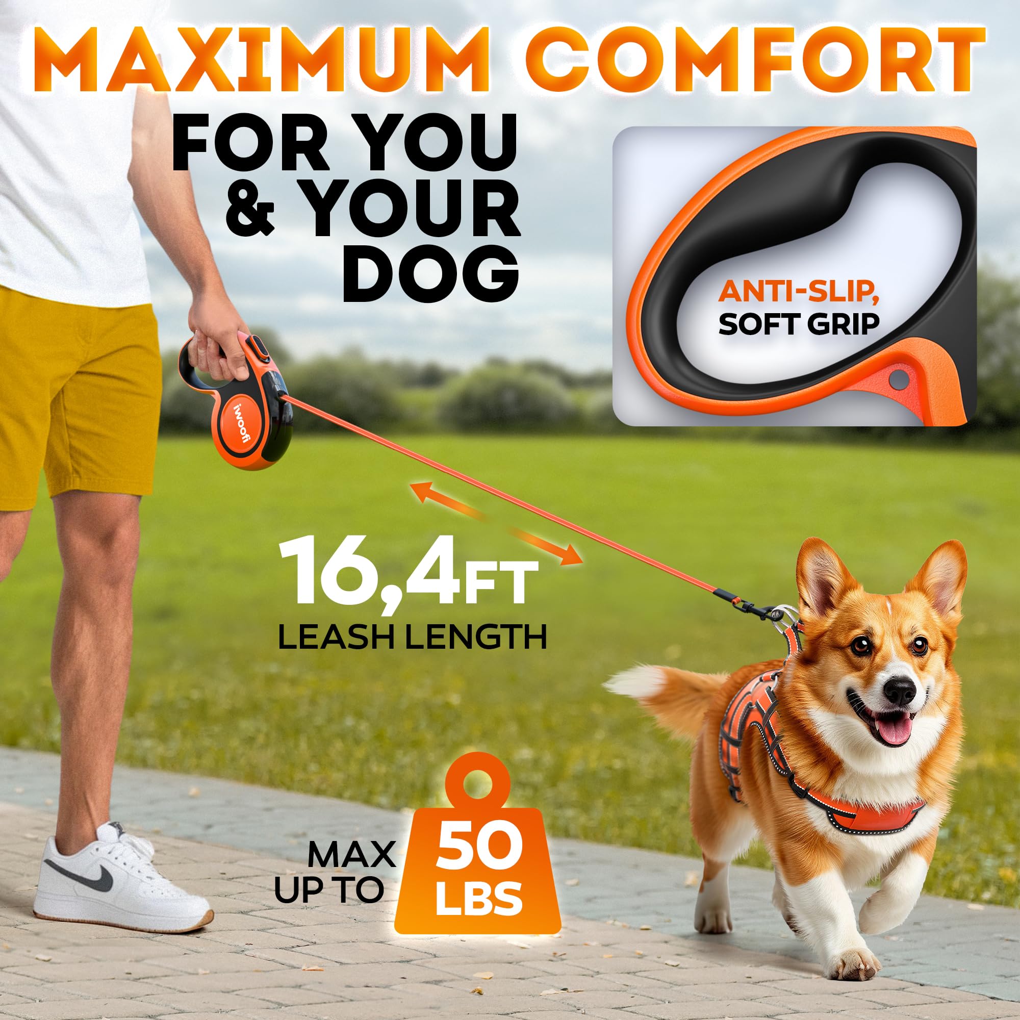 IWOOFI retractable leash showing the quick one-touch lock for length control.