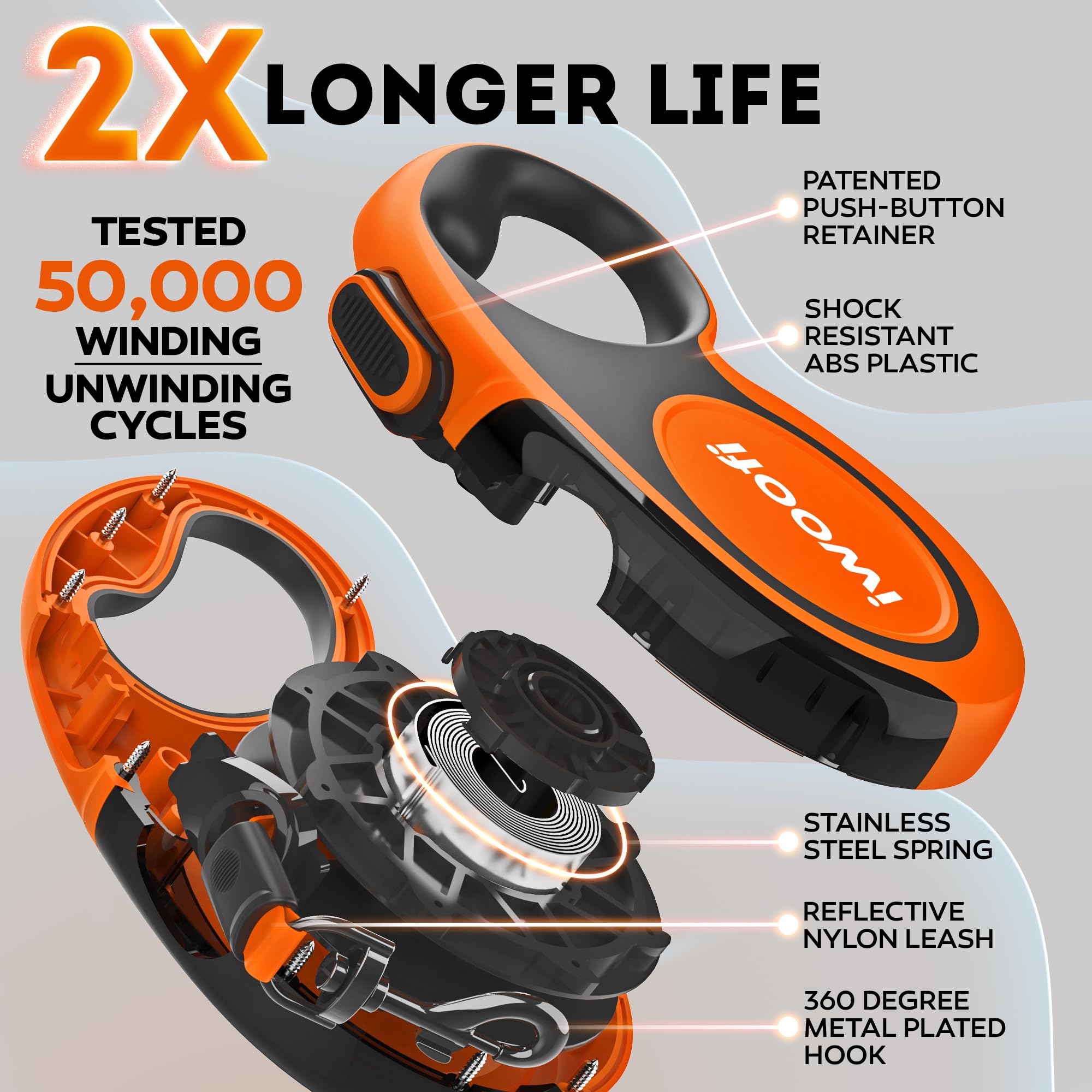 IWOOFI retractable leash highlight stainless-steel spring durability during use.