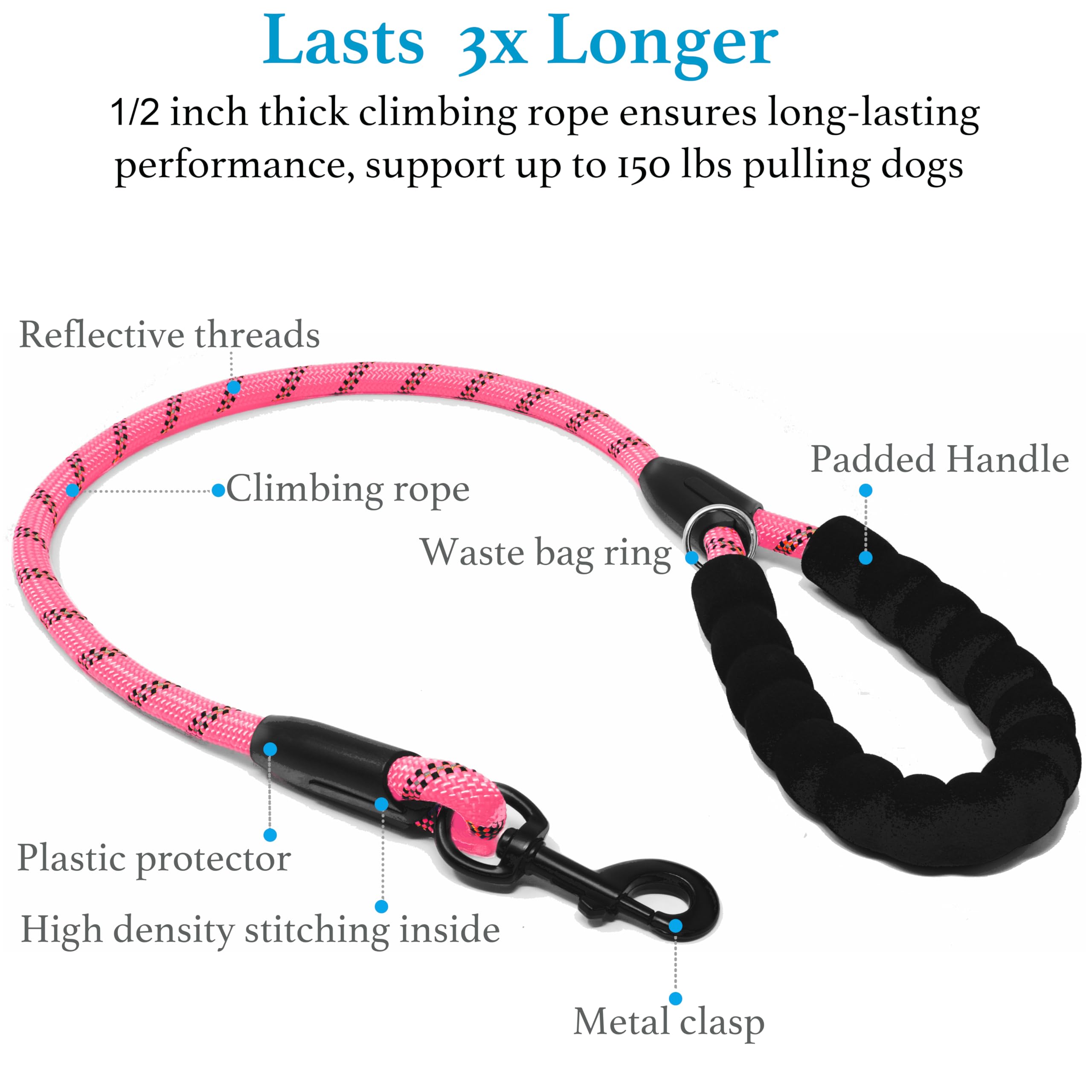 iYoShop Durable leash shows climbing rope and nylon bungee for durability.