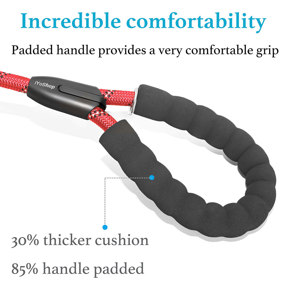 iYoShop Dual Dog Leash bungee extension demonstrating 20–35 inch stretch for dynamic movement.