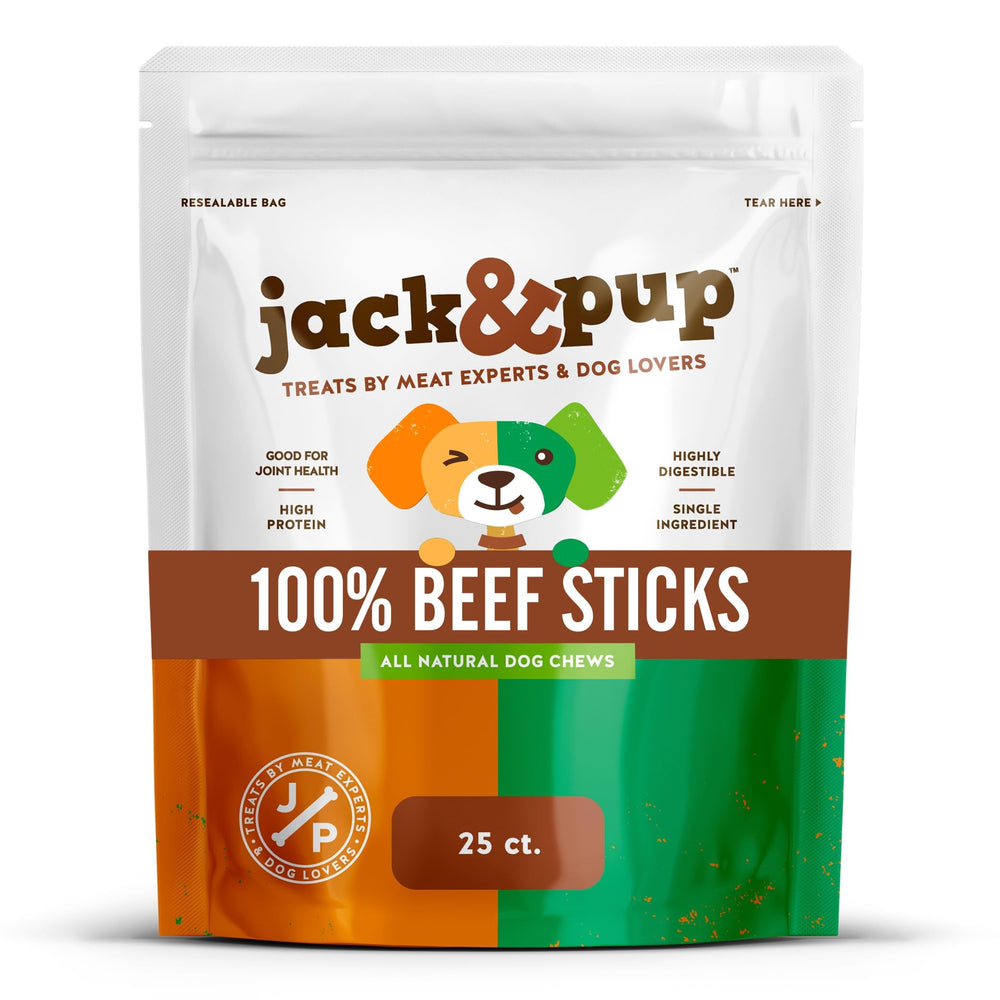 Jack&Pup 6-inch gullet stick highlights a long-lasting beef chew for dogs.