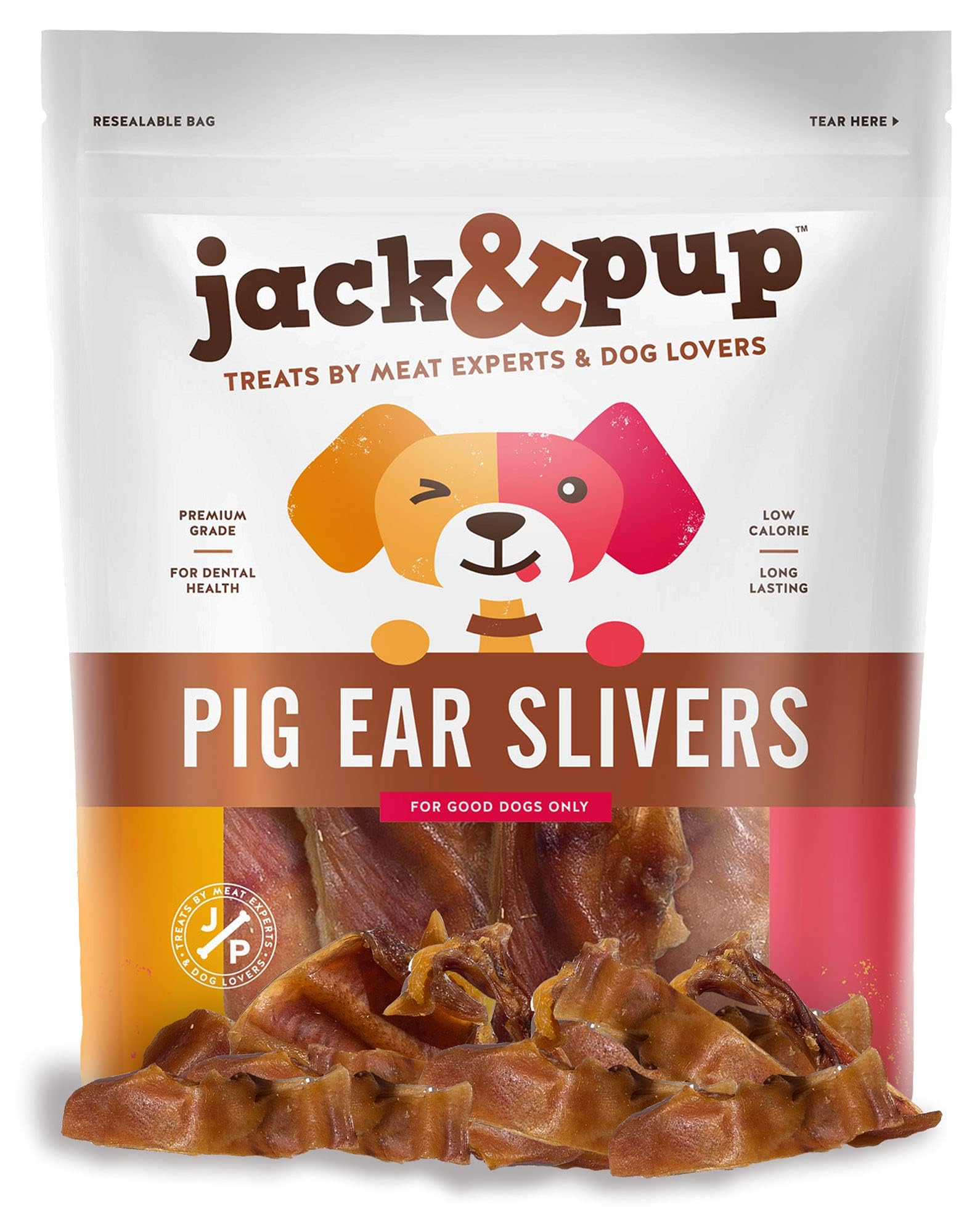 Jack & Pup Pig Ears Slivers 1lb bag — premium single-ingredient chew for dogs.