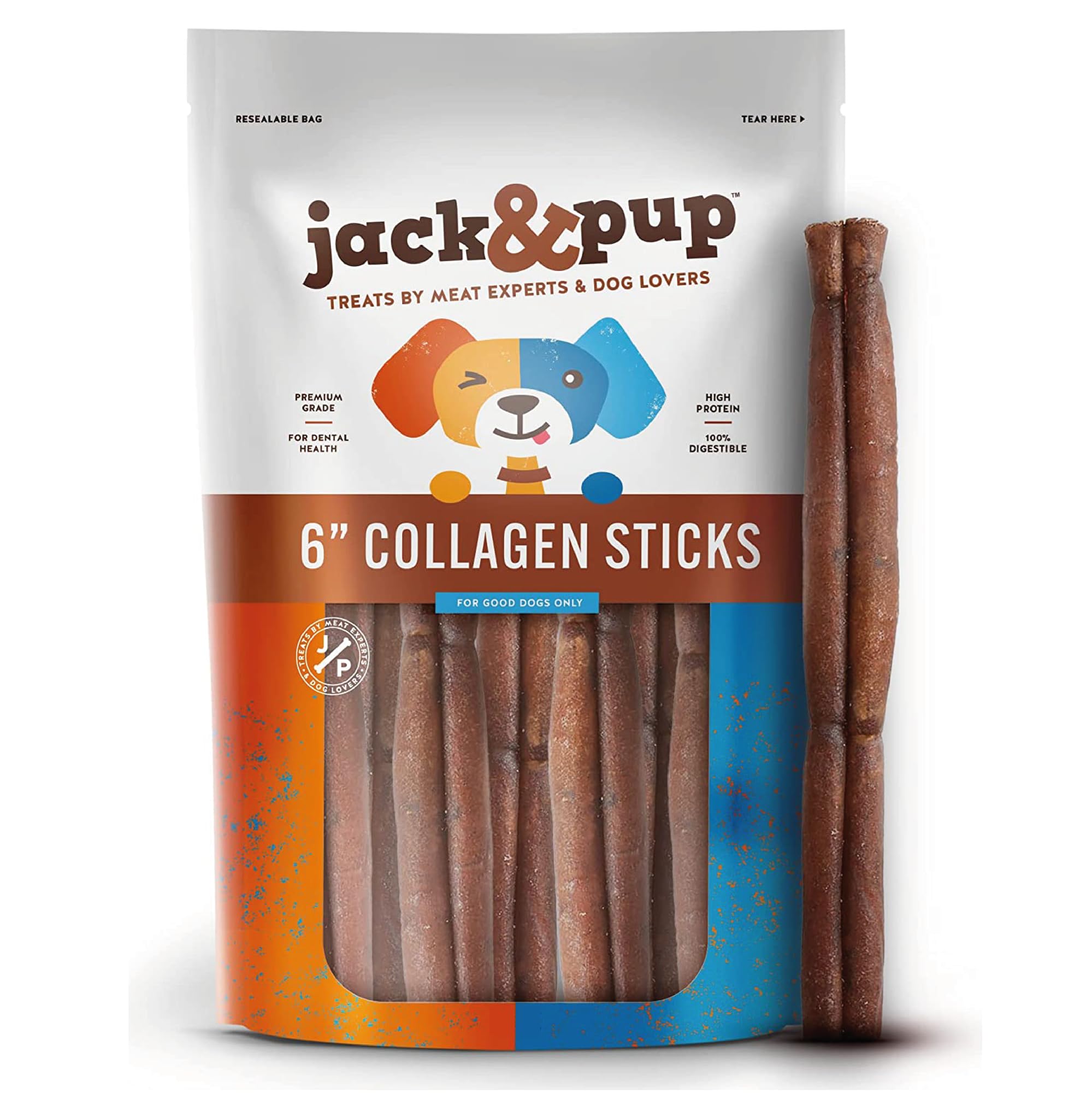 Jack&Pup beef collagen stick packaging highlights a rawhide-free chew for joints and teeth.
