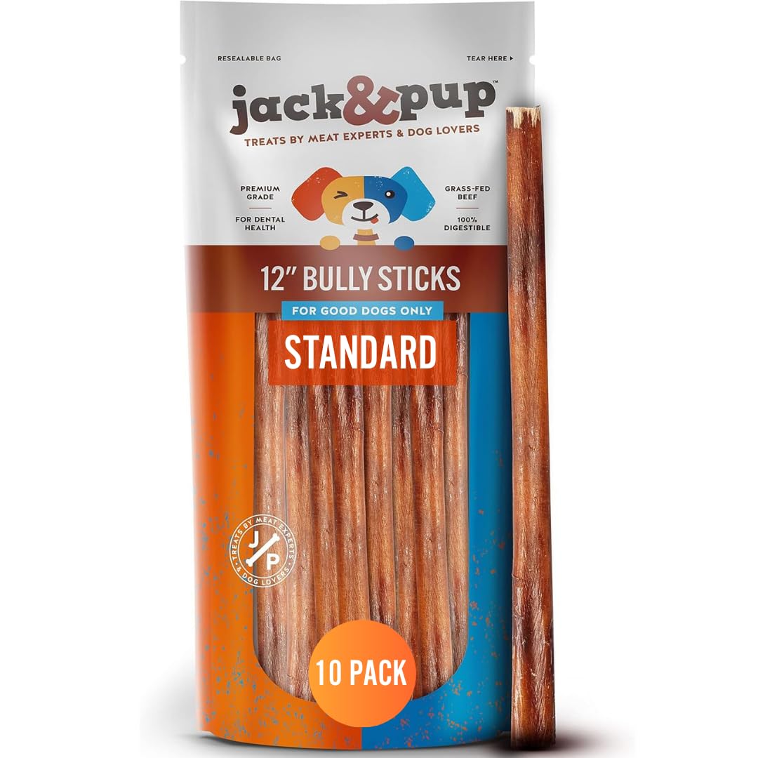 Jack&Pup 12in bully sticks packaging close-up highlights quality and freshness.