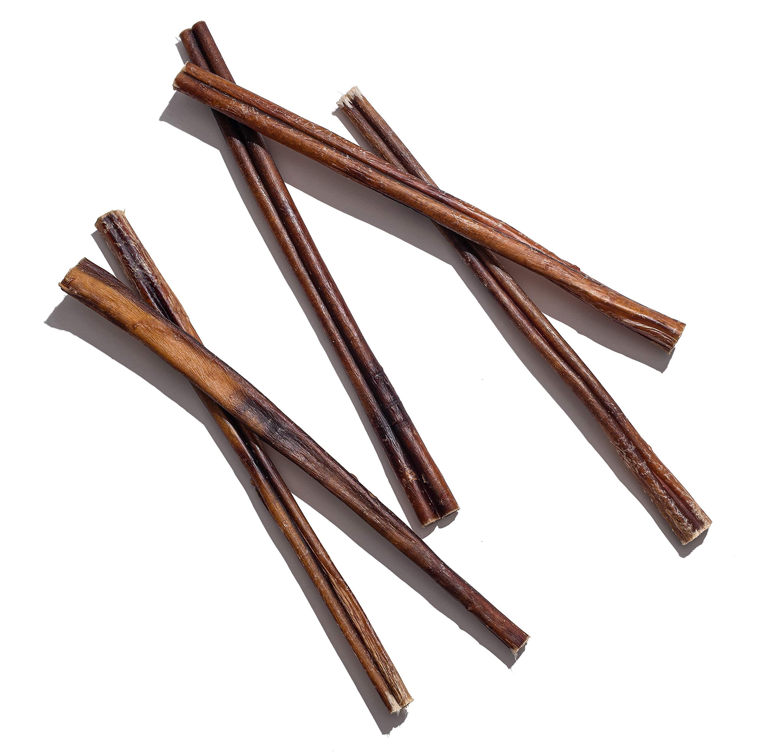 Jack&Pup 12in bully sticks stacked show uniform thickness for durable chewing.