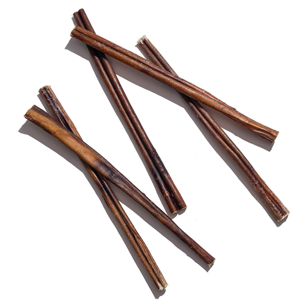 Jack&Pup 12in bully sticks stacked show uniform thickness for durable chewing.
