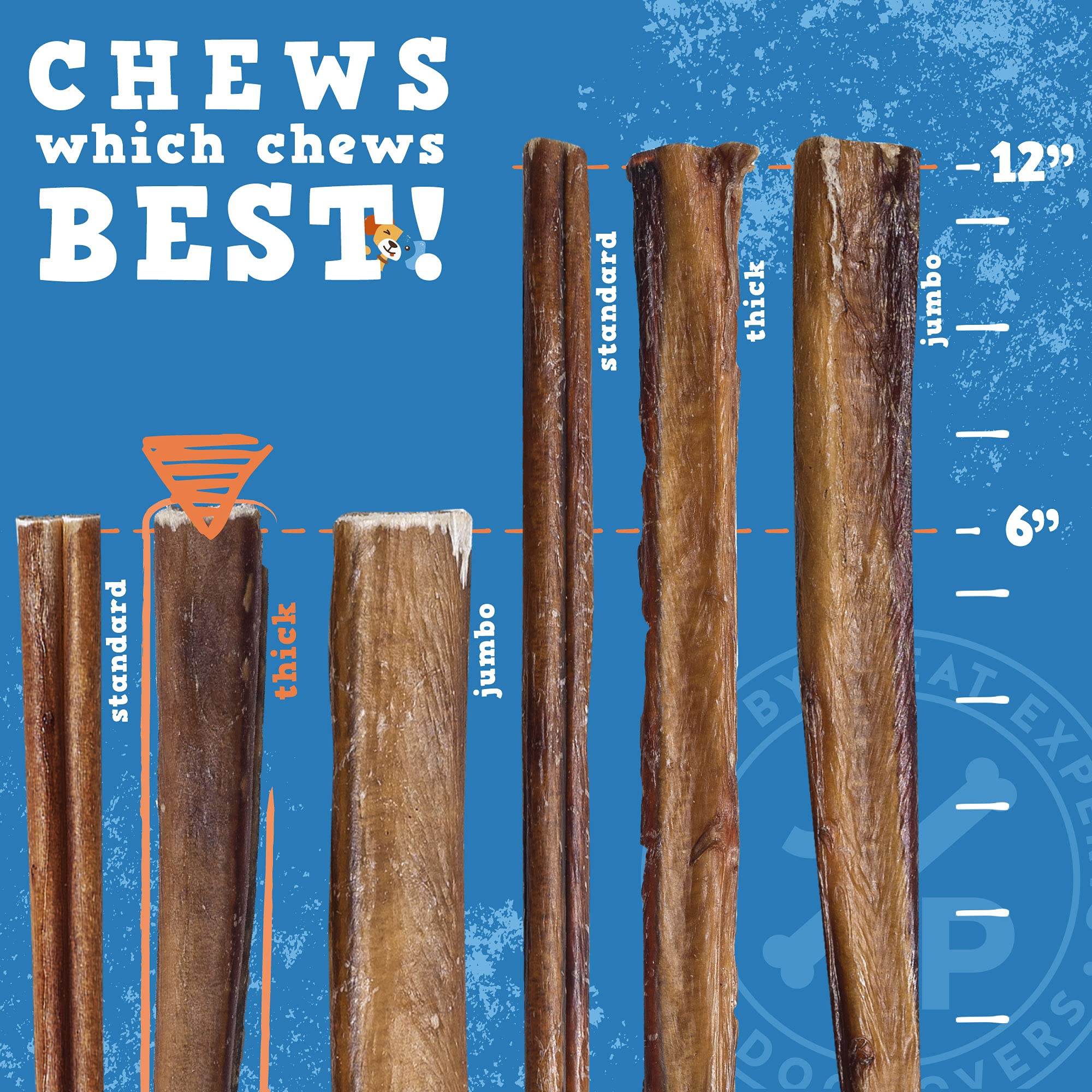 JackPup 6in thick bully stick pack hero shot depicts dog happily chewing