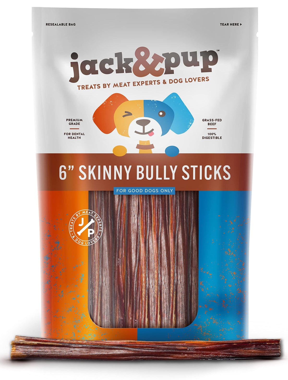 Jack&Pup 6-inch skinny bully stick packshot for small dogs—bulk daily chew