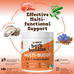 Jack&Pup Bark Buddies chews displayed in a jar highlight probiotic immune support for dogs.